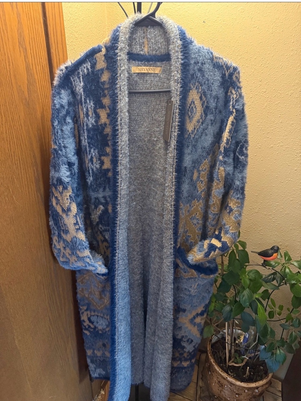 Shyanne Blue and Tan soft Textured Open-Front Long Cardigan